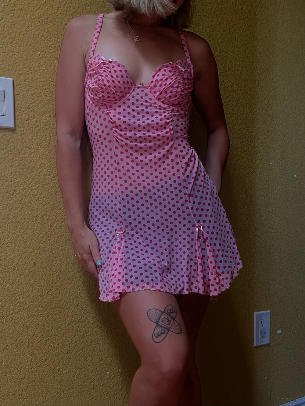 Rampage Pink Polka Dot Mesh Chemise